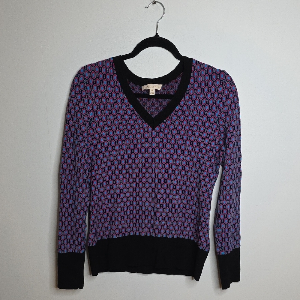 Etcetera Red,blue and Black Patterned V-Neck Sweater Medium